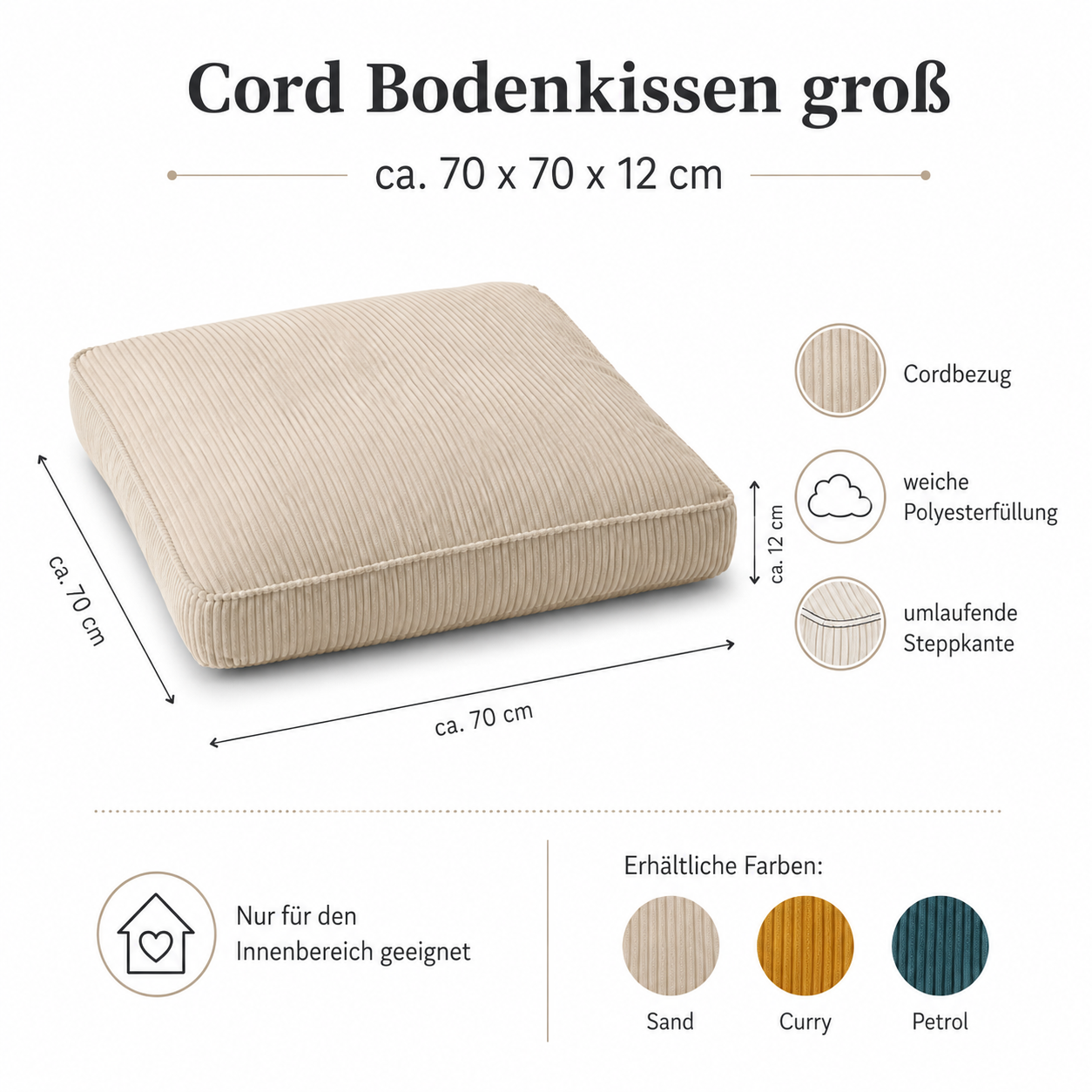 Cord Bodenkissen groß für Lounge Ecken und Gäste
