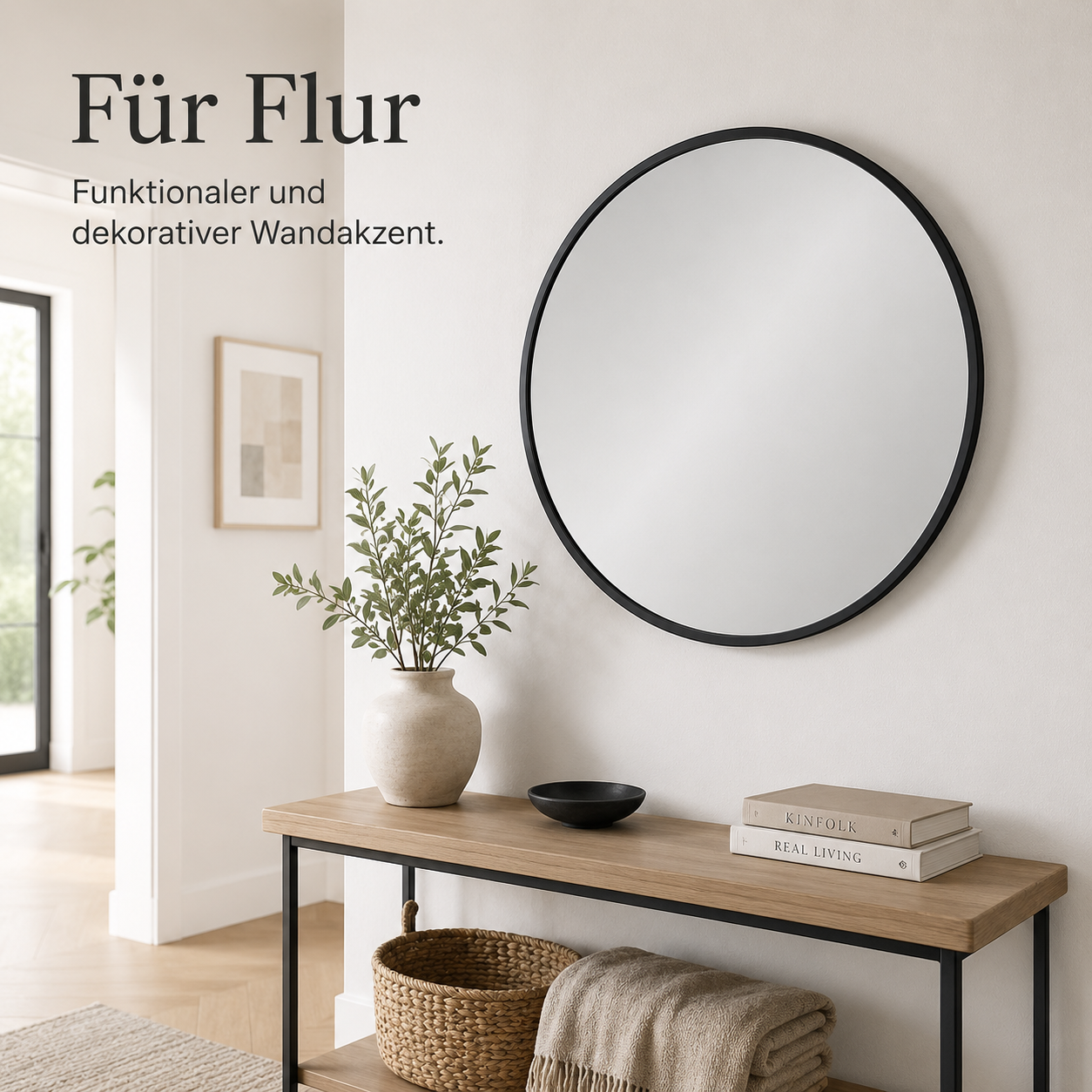 Runder Wandspiegel mit schmalem Rahmen für Flur und Schlafzimmer
