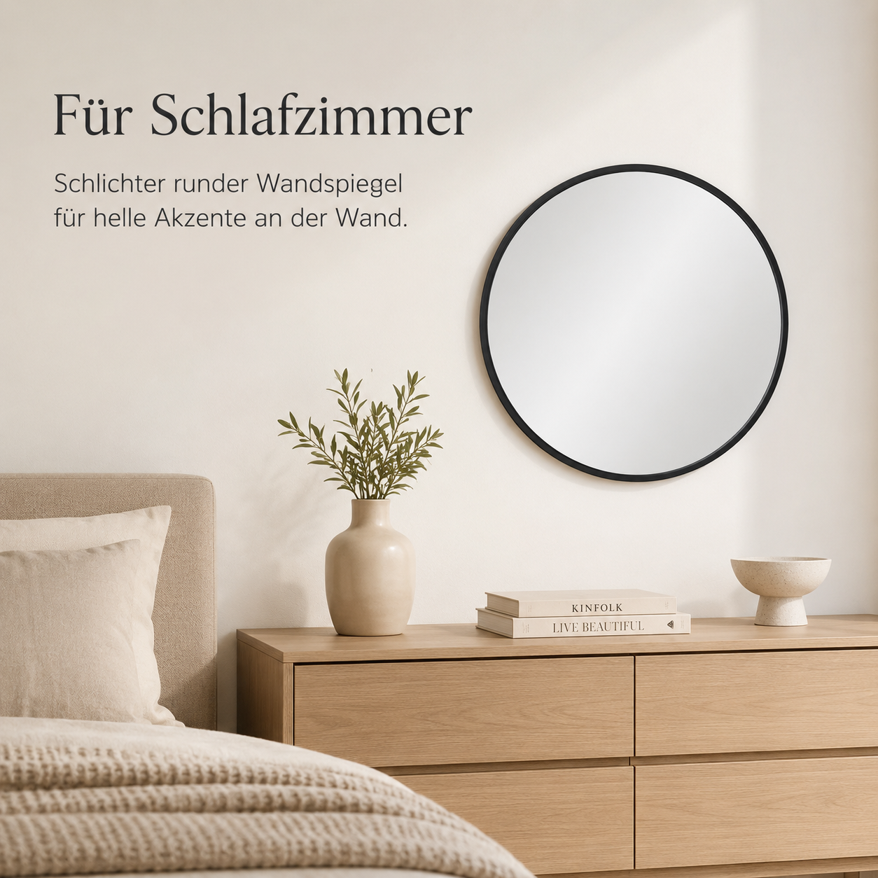 Runder Wandspiegel mit schmalem Rahmen für Flur und Schlafzimmer