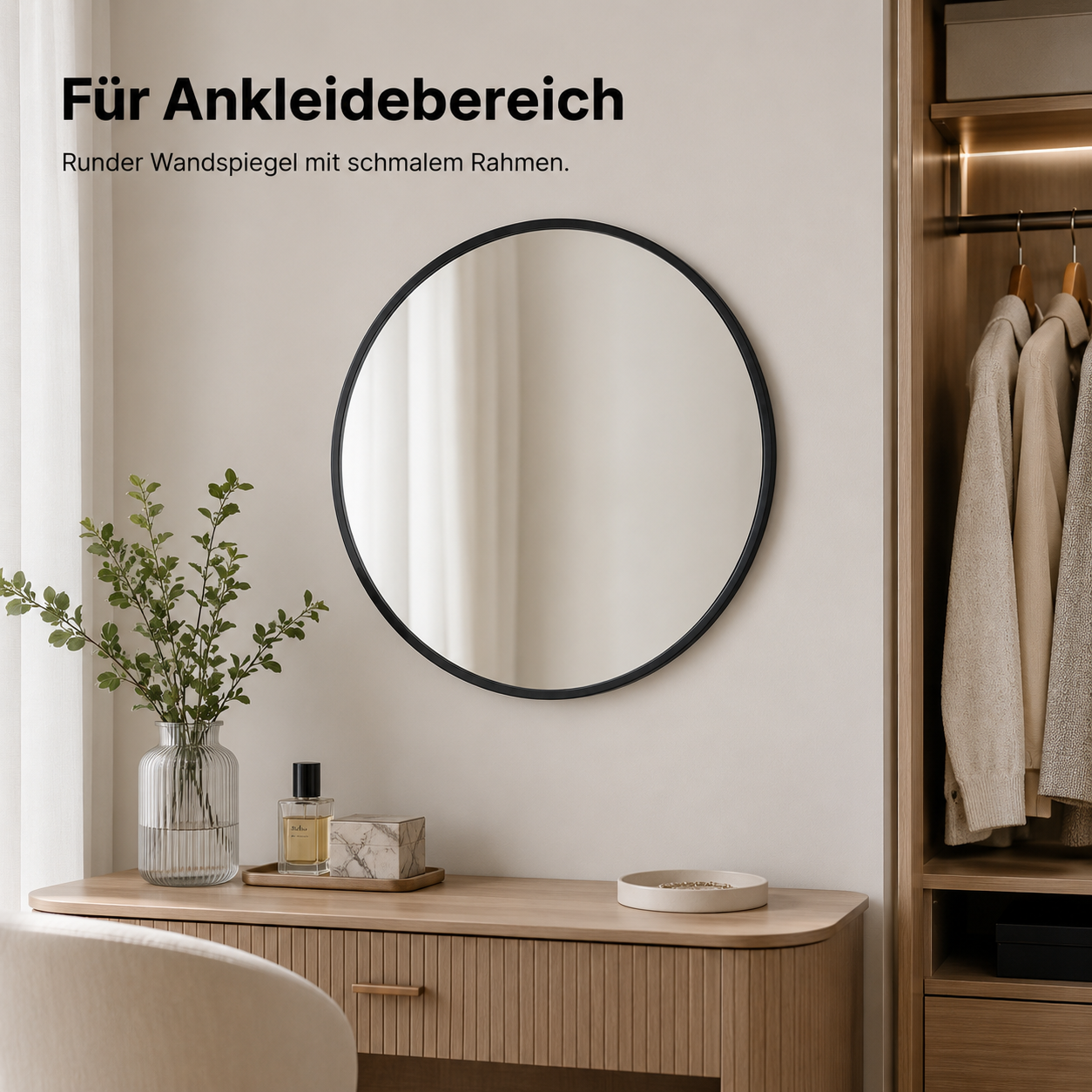 Runder Wandspiegel mit schmalem Rahmen für Flur und Schlafzimmer