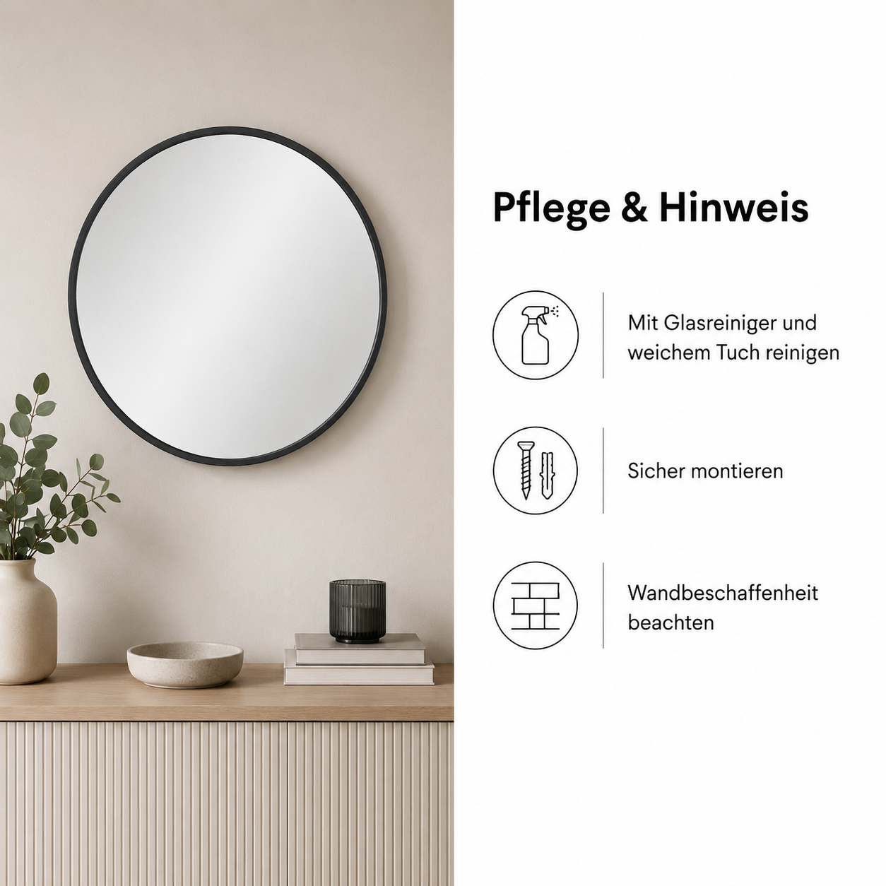 Runder Wandspiegel mit schmalem Rahmen für Flur und Schlafzimmer