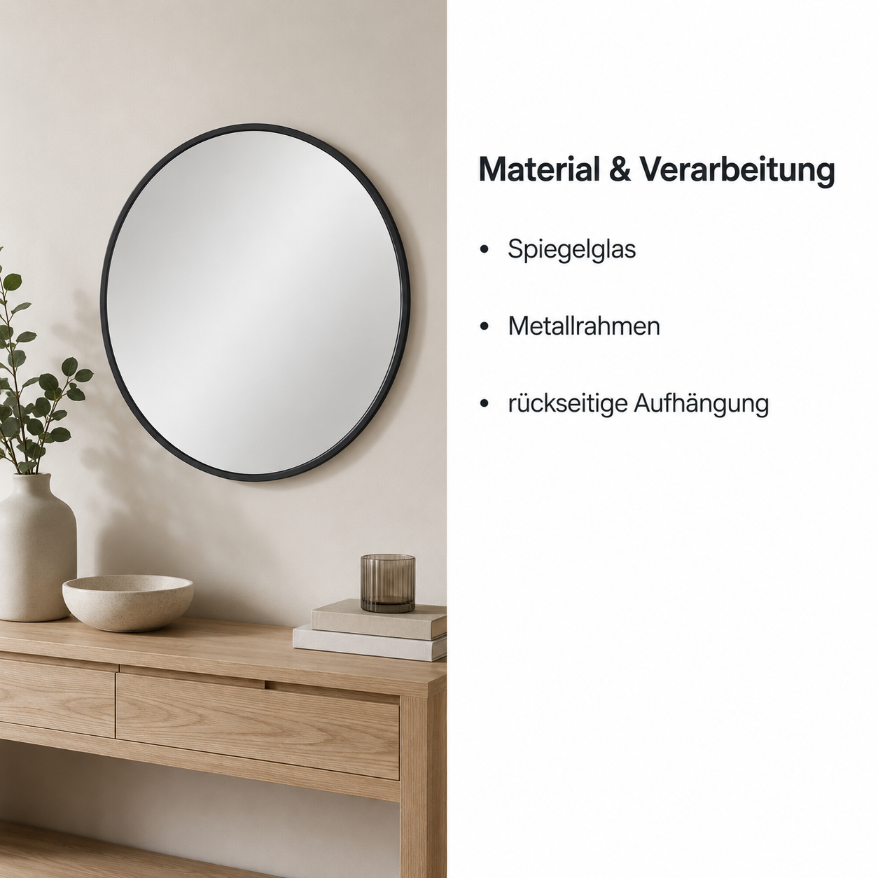 Runder Wandspiegel mit schmalem Rahmen für Flur und Schlafzimmer