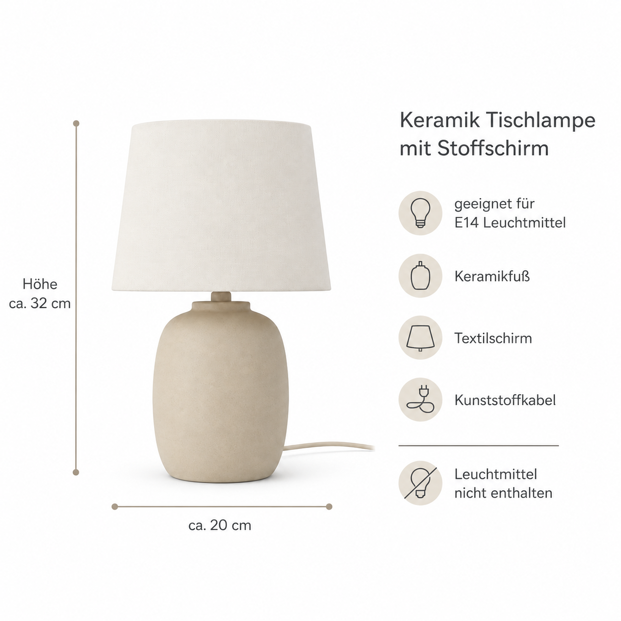 Keramik Tischlampe mit Stoffschirm für warmes Akzentlicht