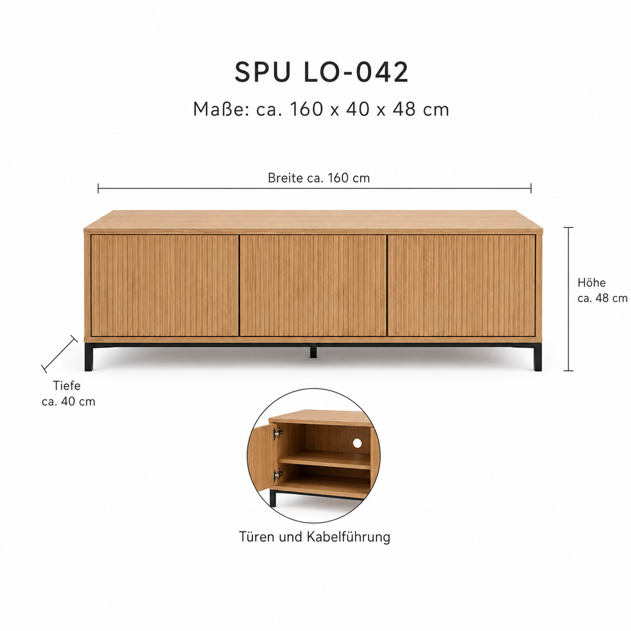 TV Lowboard mit Riffeloptik und ruhigen Fronten für Medienbereiche