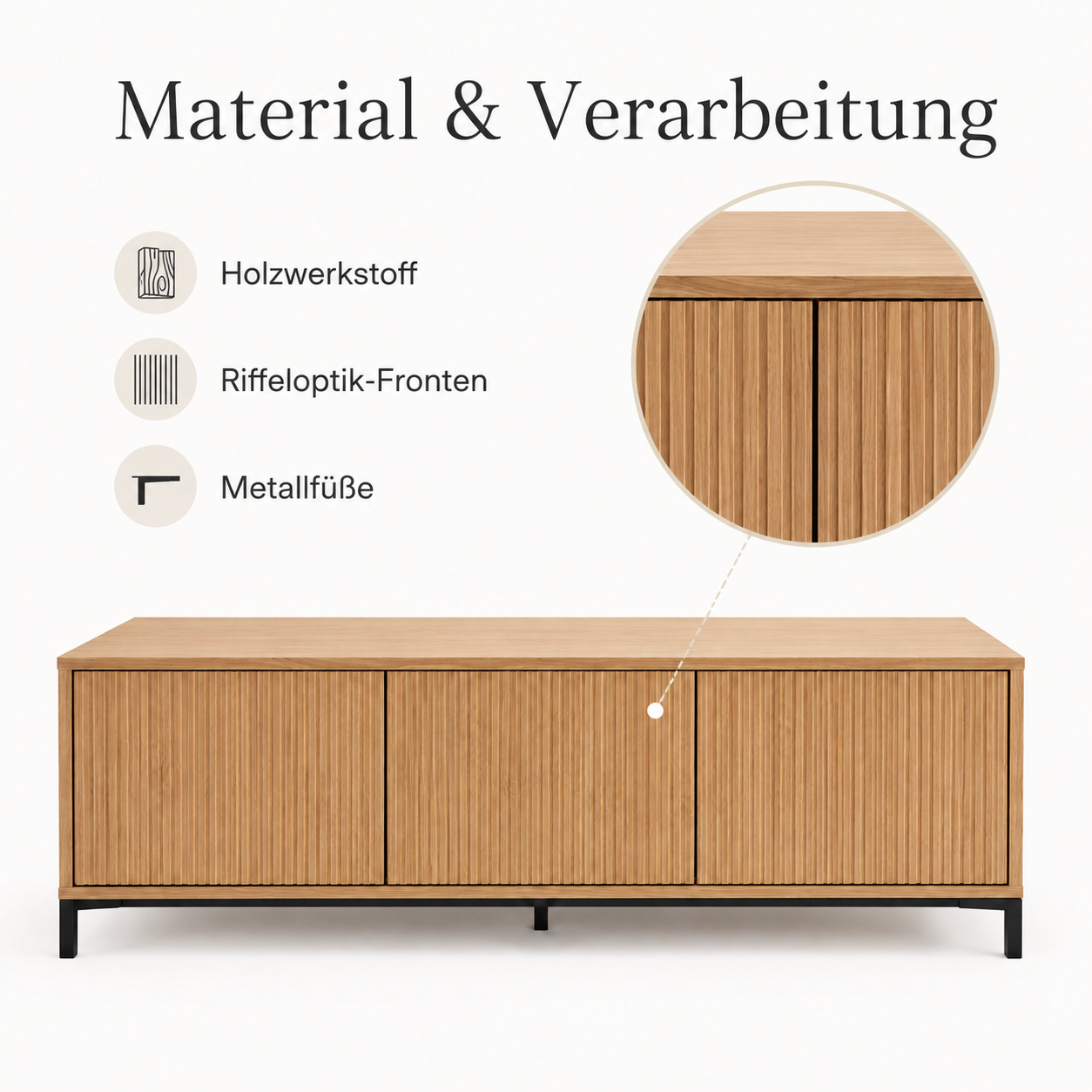 TV Lowboard mit Riffeloptik und ruhigen Fronten für Medienbereiche