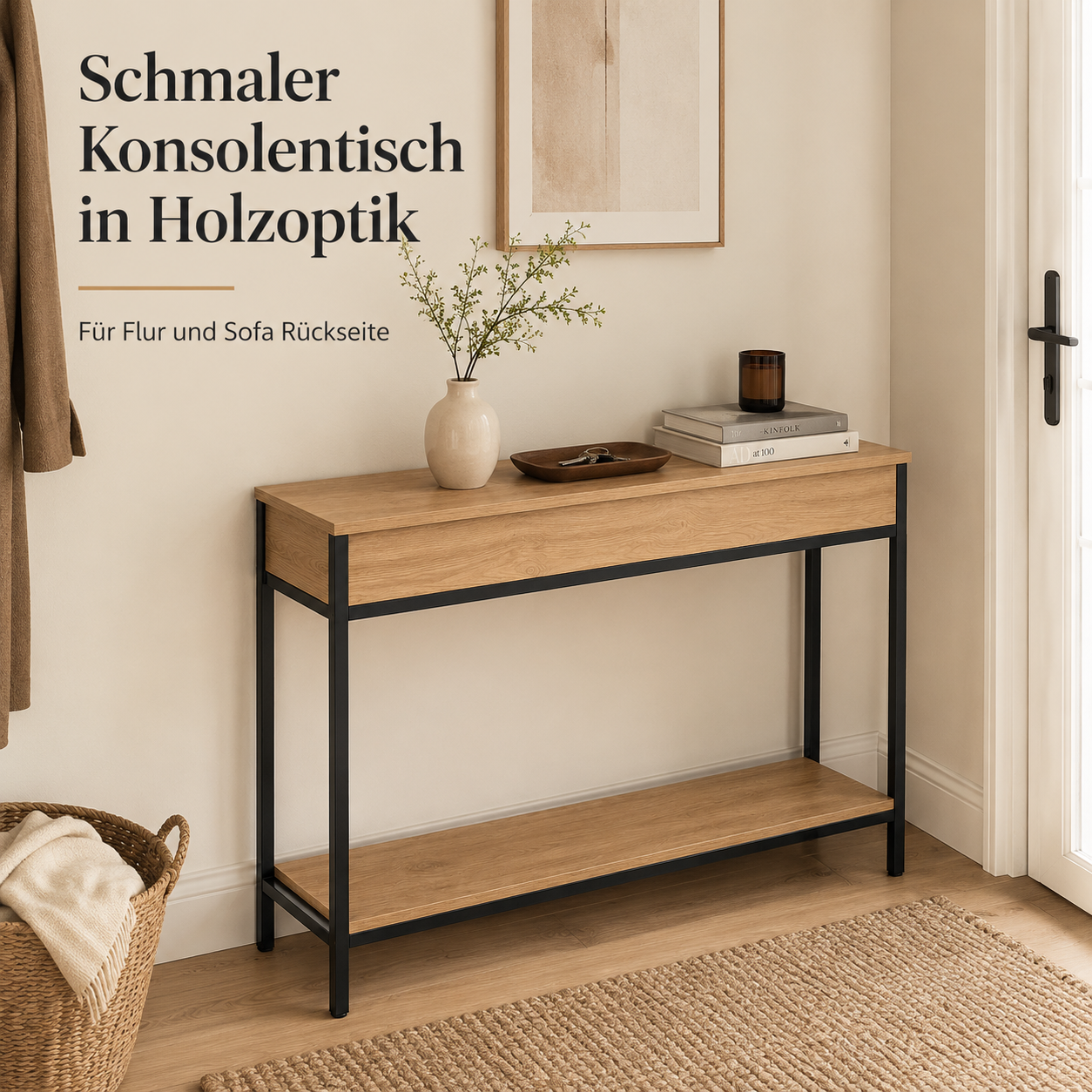 Schmaler Konsolentisch in Holzoptik für Flur und Sofa Rückseite