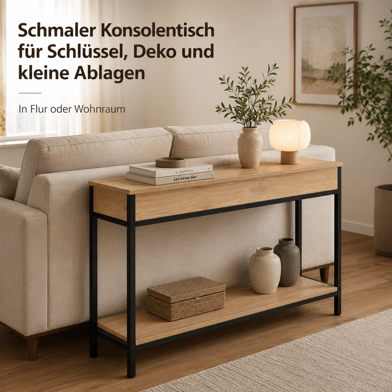 Schmaler Konsolentisch in Holzoptik für Flur und Sofa Rückseite