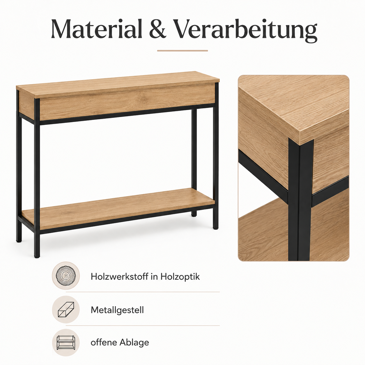 Schmaler Konsolentisch in Holzoptik für Flur und Sofa Rückseite
