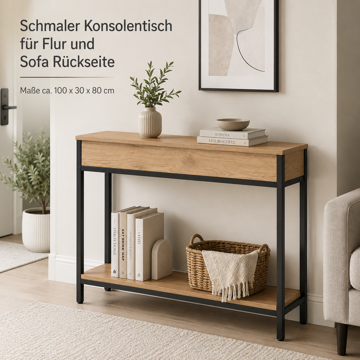 Schmaler Konsolentisch in Holzoptik für Flur und Sofa Rückseite