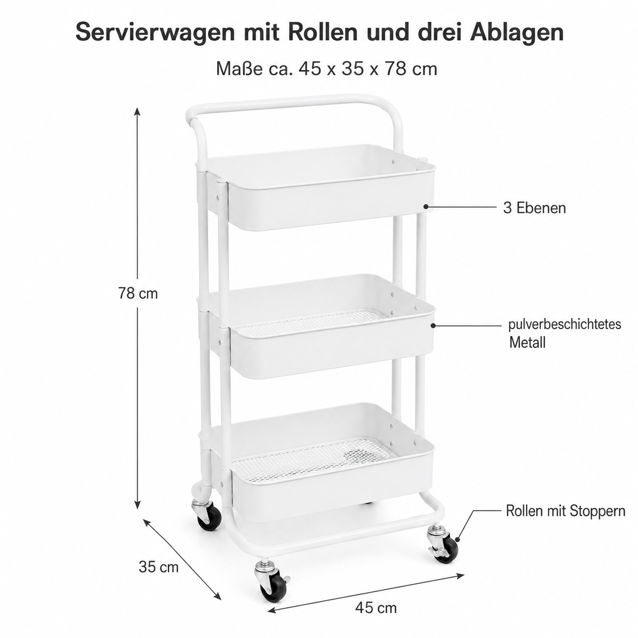 Servierwagen mit Rollen und drei Ablagen für Küche und Wohnraum