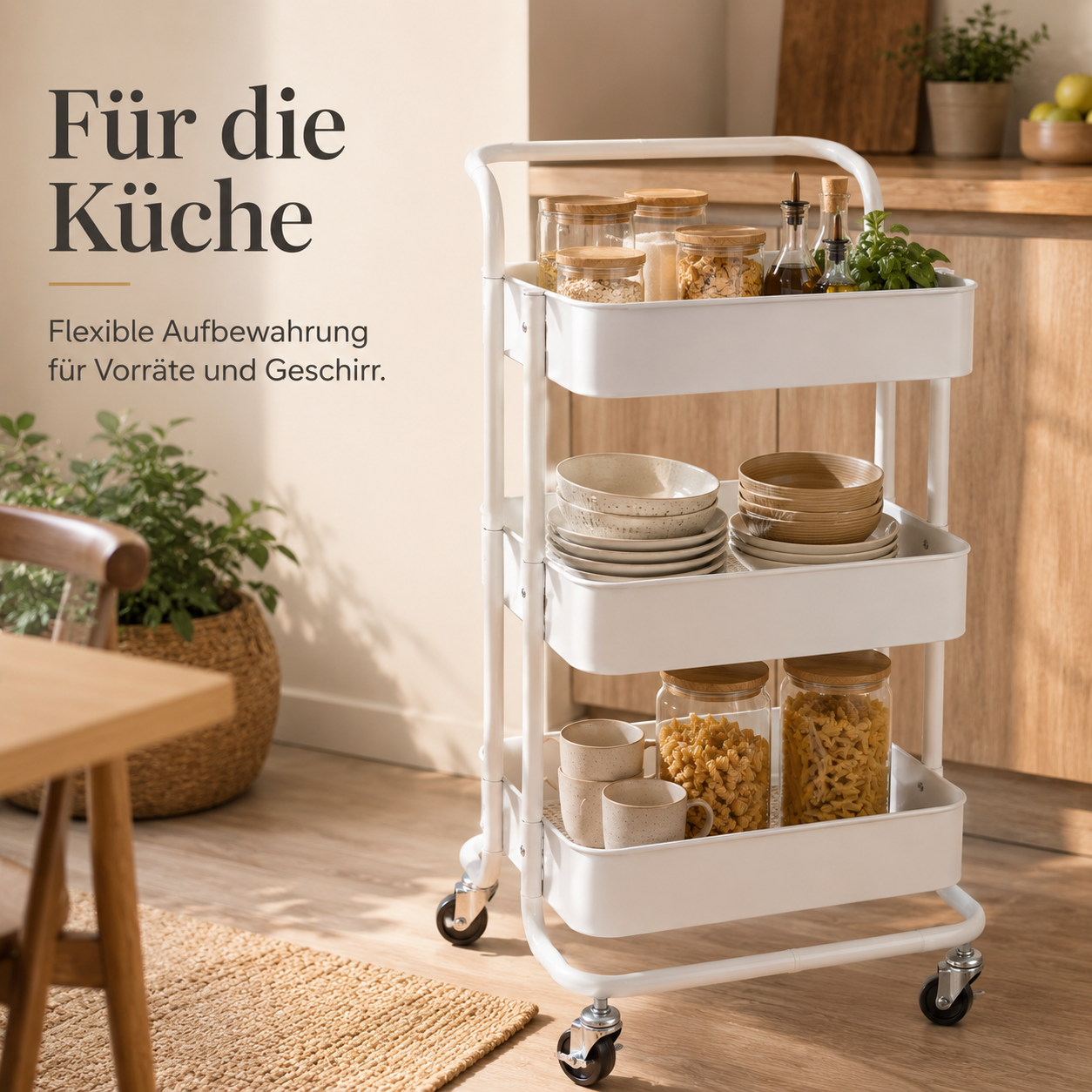 Servierwagen mit Rollen und drei Ablagen für Küche und Wohnraum