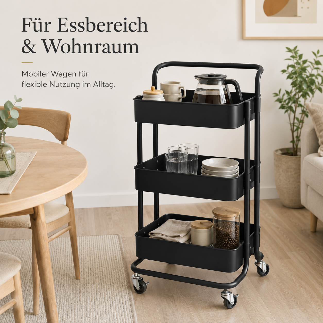 Servierwagen mit Rollen und drei Ablagen für Küche und Wohnraum