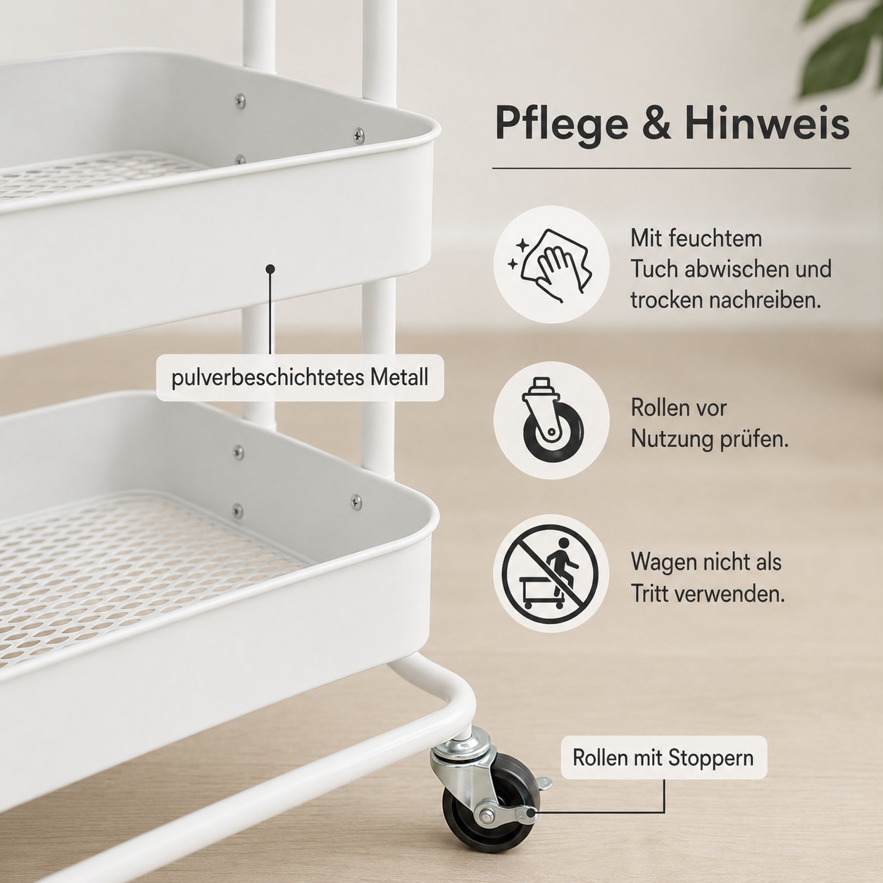 Servierwagen mit Rollen und drei Ablagen für Küche und Wohnraum