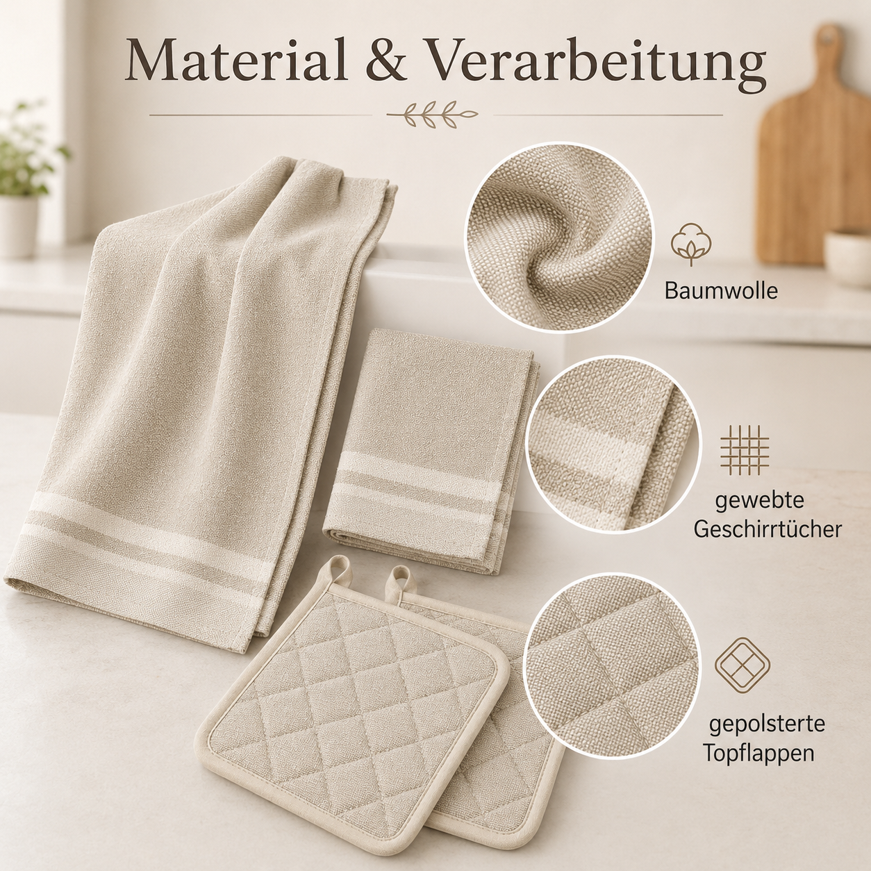 Baumwoll Küchen Textil Set mit Geschirrtüchern und Topflappen