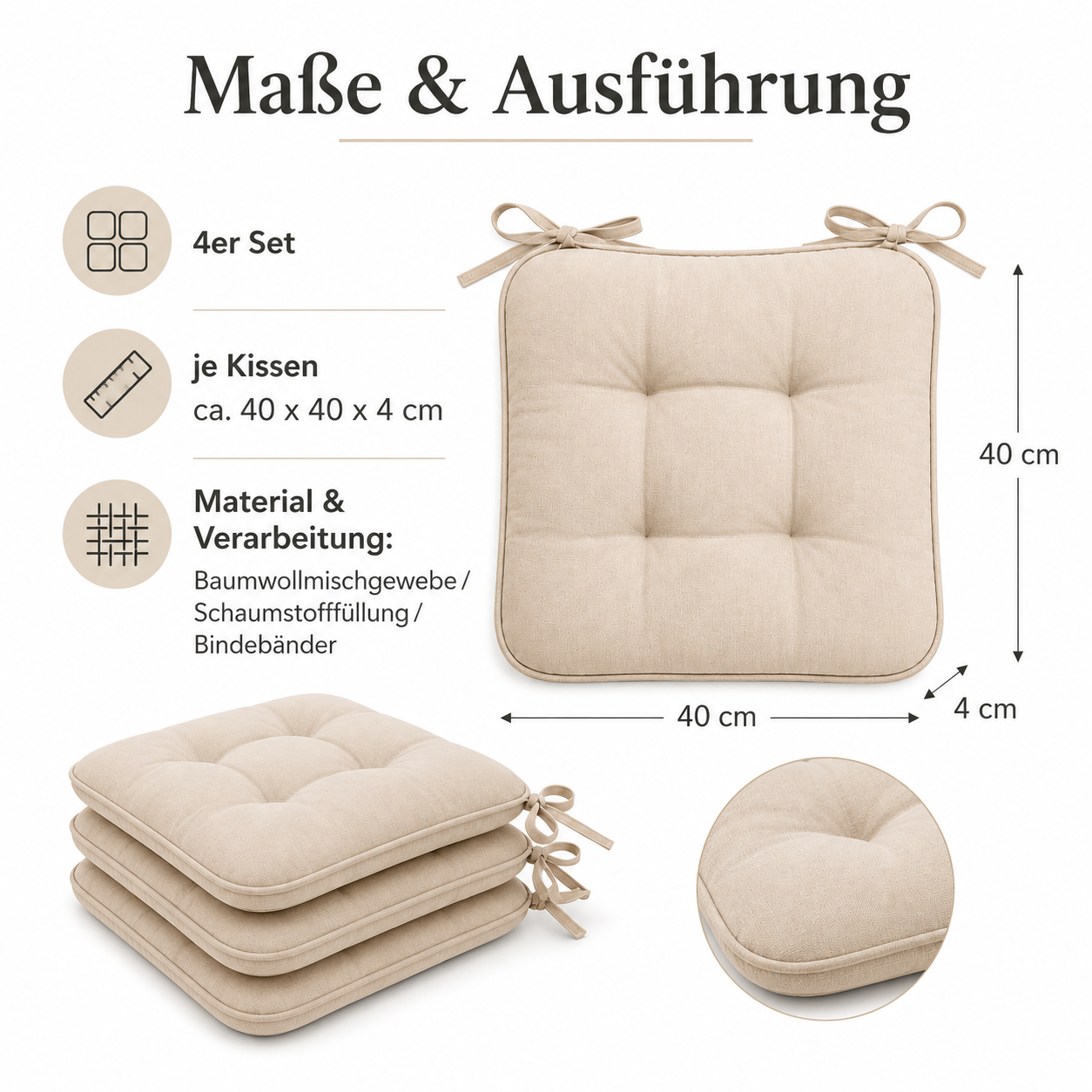 Stuhlkissen Set mit Steppung und Bindebändern für Esszimmerstühle
