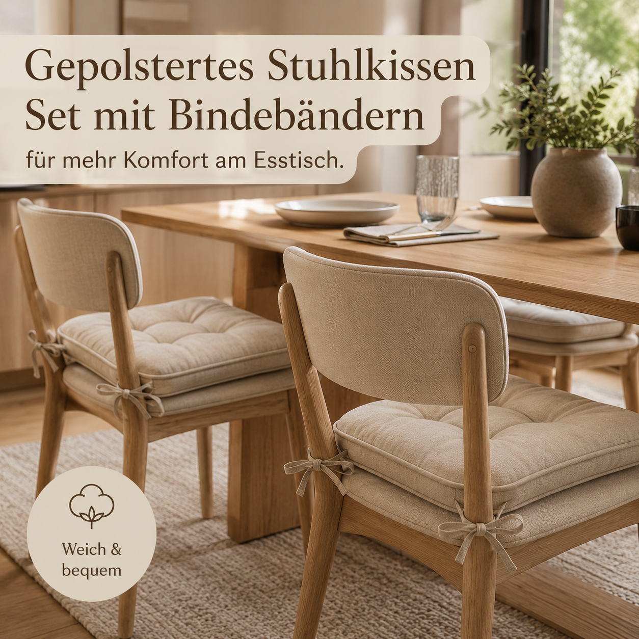 Stuhlkissen Set mit Steppung und Bindebändern für Esszimmerstühle