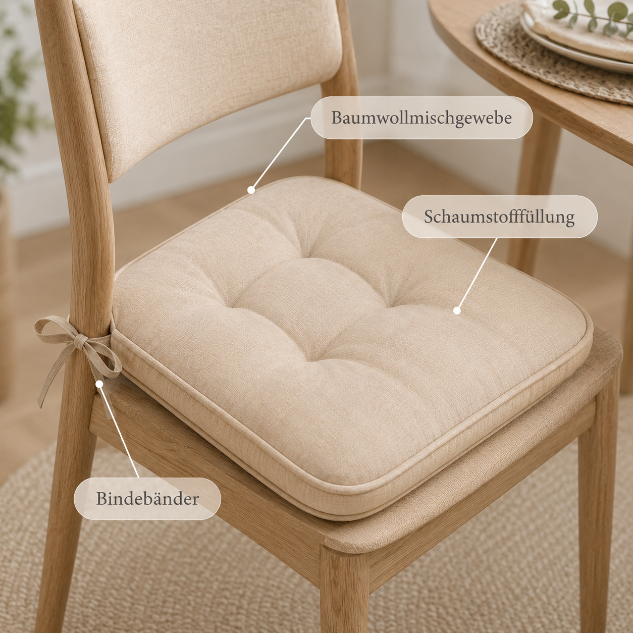 Stuhlkissen Set mit Steppung und Bindebändern für Esszimmerstühle