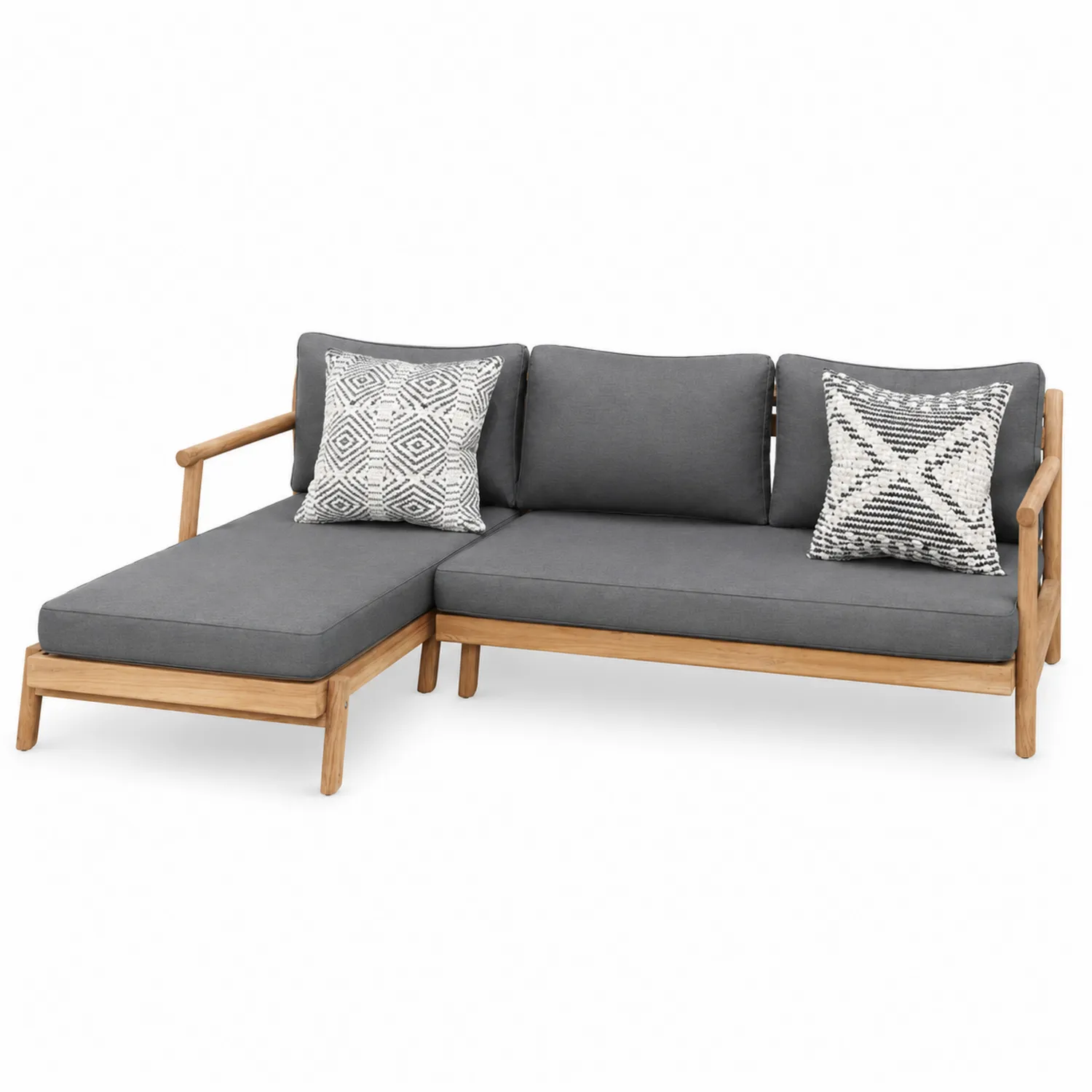 L-förmiges Gartensofa aus Teakholz mit grauem Bezug