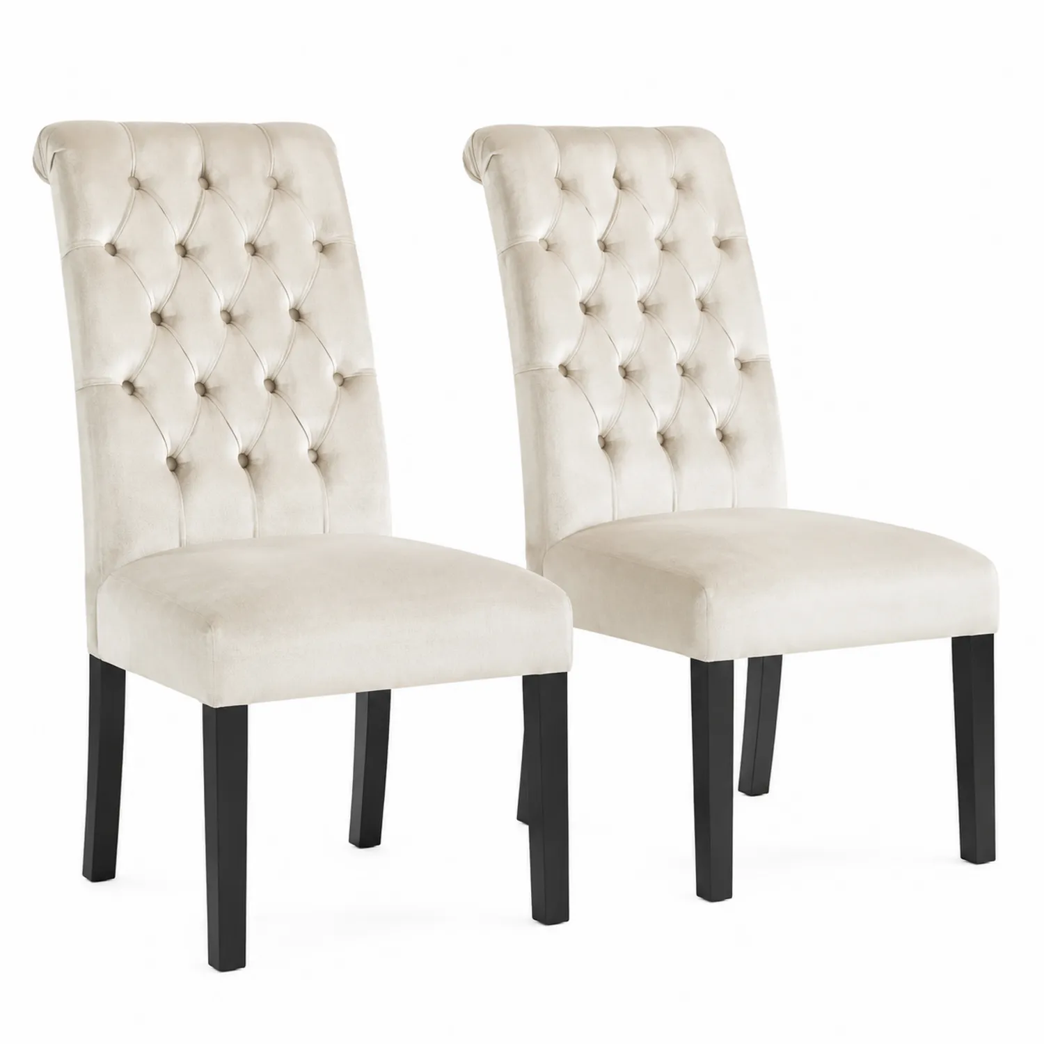 2er Set Polsterstuhl Velours Beige mit Holzbeinen