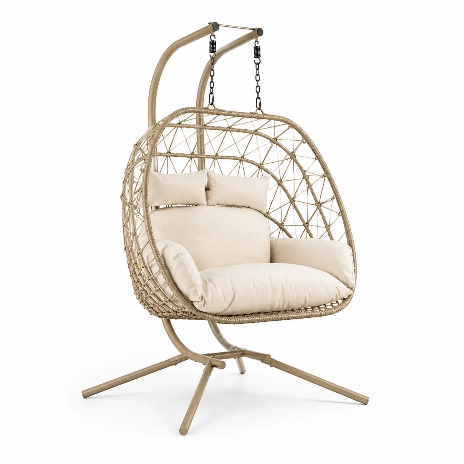 Rattan-Hängesessel Beige mit Stahlrahmen und Kissen