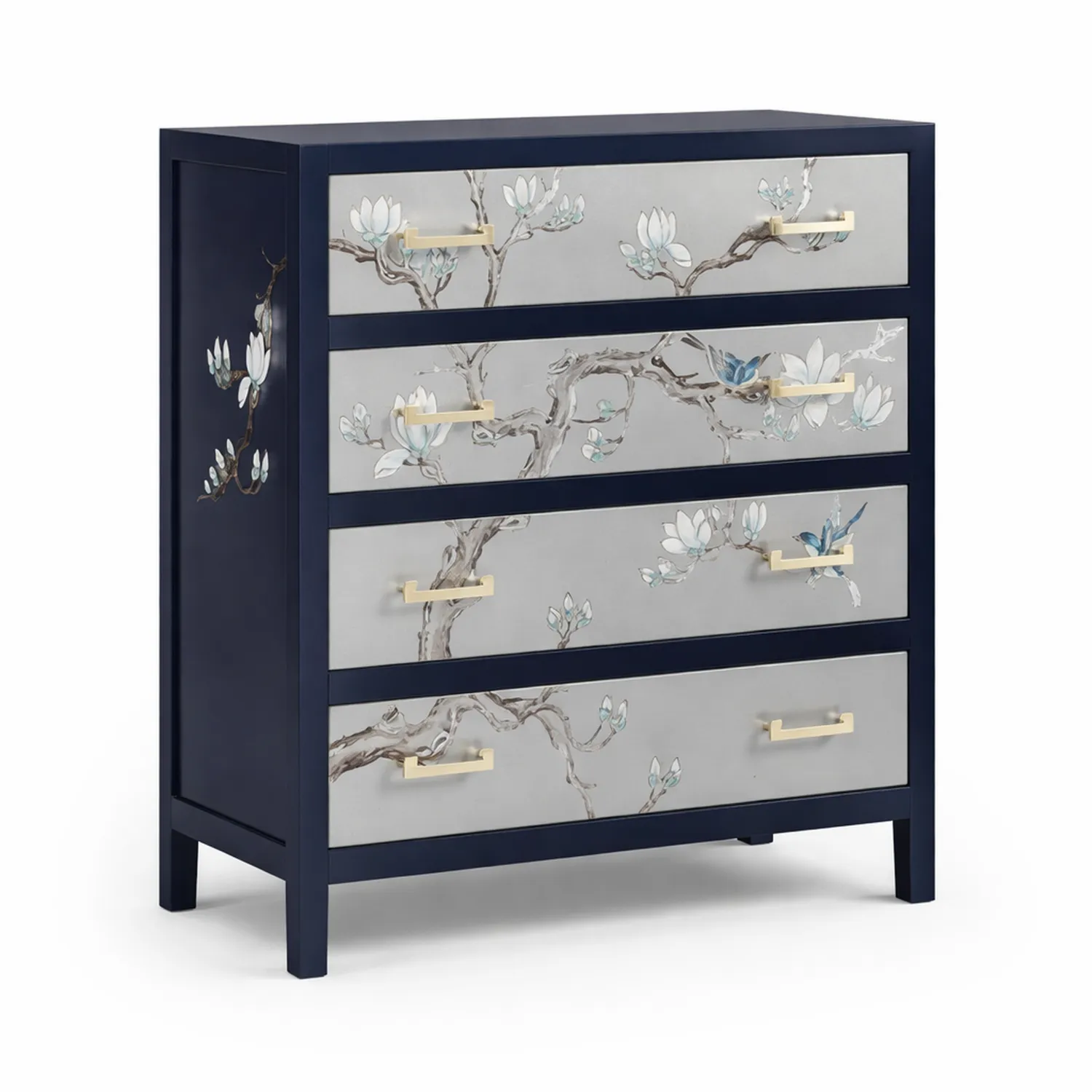 Holzkommode mit Blumenmotiv Blau 4 Schubladen
