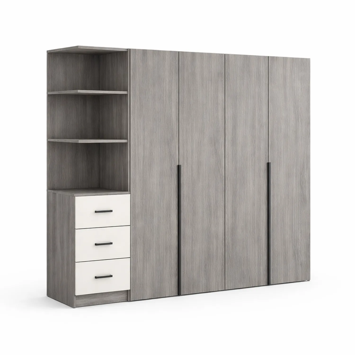 Kleiderschrank aus Spanplatte mit Regalen und Schubladen Grau