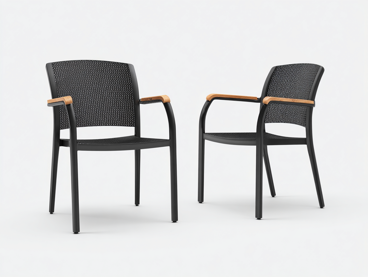 Set de 2 sillas de exterior con brazos - metal y tejido sintético - 60×58×86 cm - negro y madera natural - apilable-Havenmymart