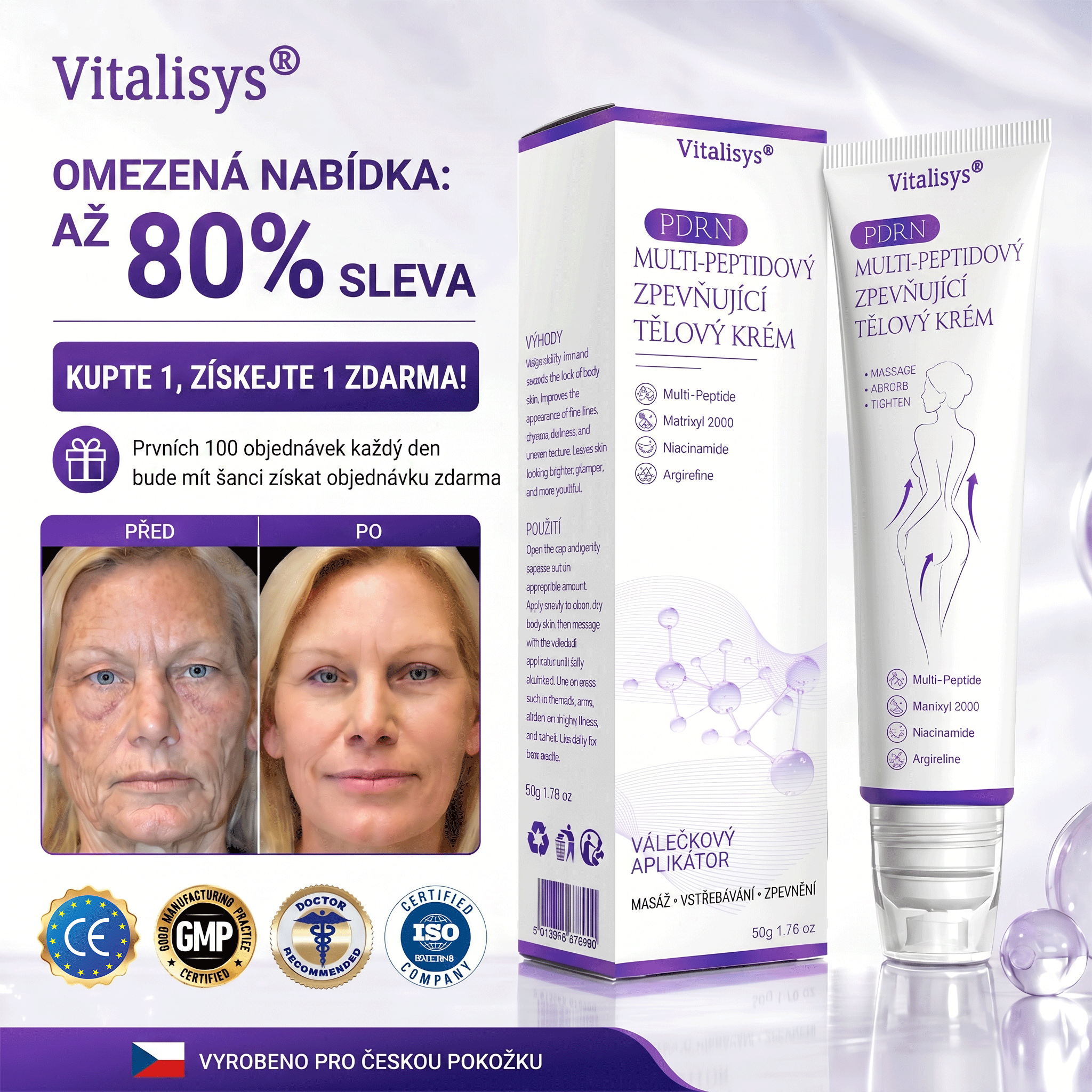 Oficiální obchod ✅ Vitalisys® PDRN vícepeptidový masážní tělový krém v kuličce ✨ – proti stárnutí, hydratační, zpevňující a liftingový efekt, podporuje regeneraci pleti, sjednocuje tón, redukuje nedokonalosti a zklidňuje citlivou pokožku 💎