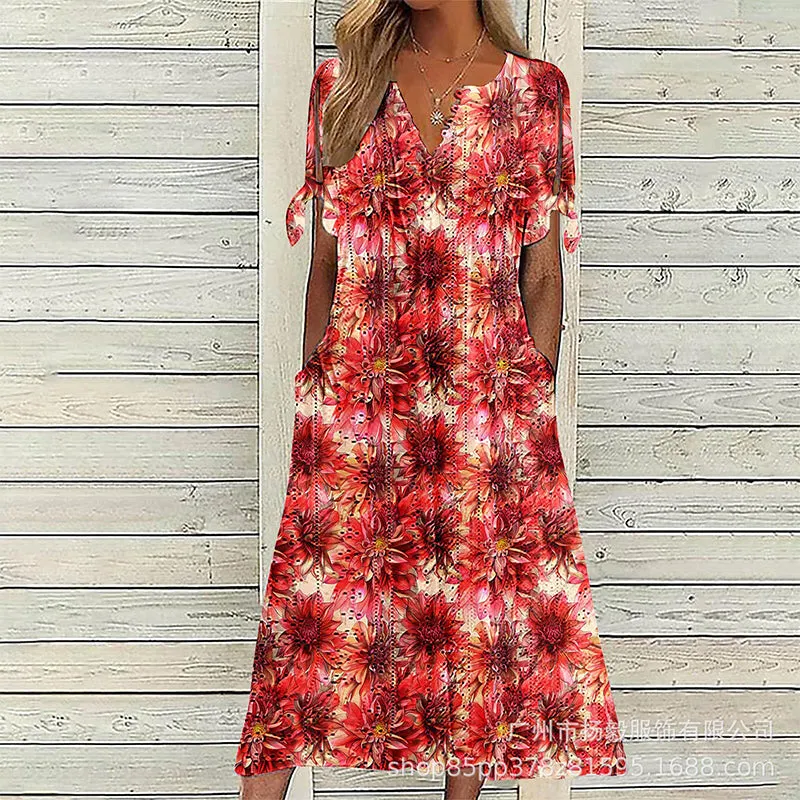 👗✨ Vintage ruha virágmintával, térdig érő, V-nyakkal, húzózsinóros ujjakkal és zsebekkel