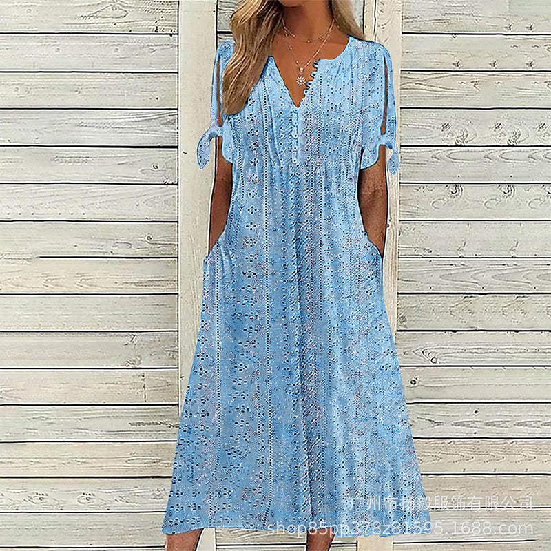 👗✨ Vintage ruha virágmintával, térdig érő, V-nyakkal, húzózsinóros ujjakkal és zsebekkel