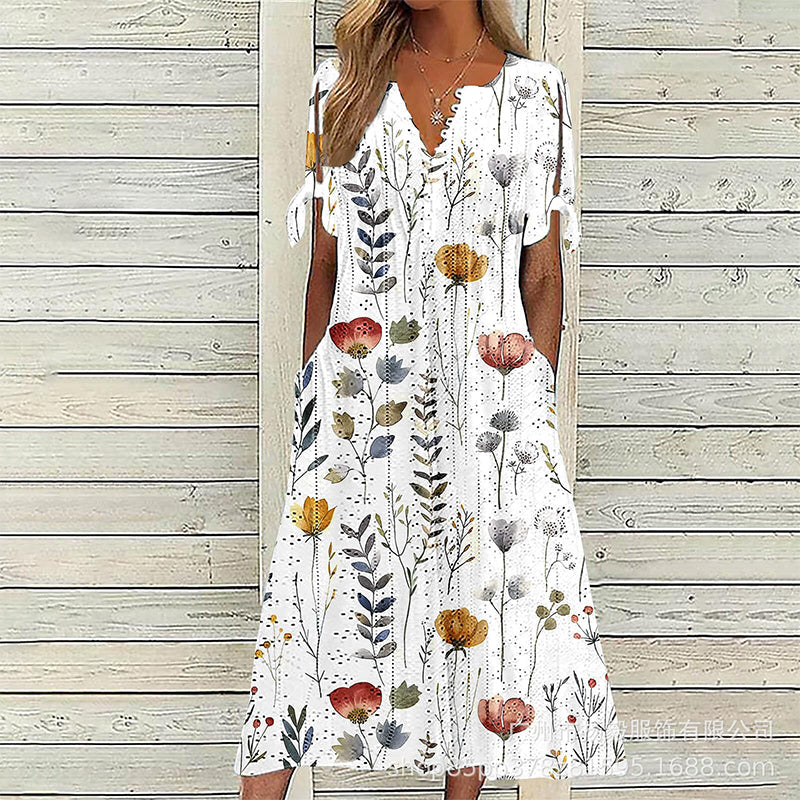 👗✨ Vintage ruha virágmintával, térdig érő, V-nyakkal, húzózsinóros ujjakkal és zsebekkel