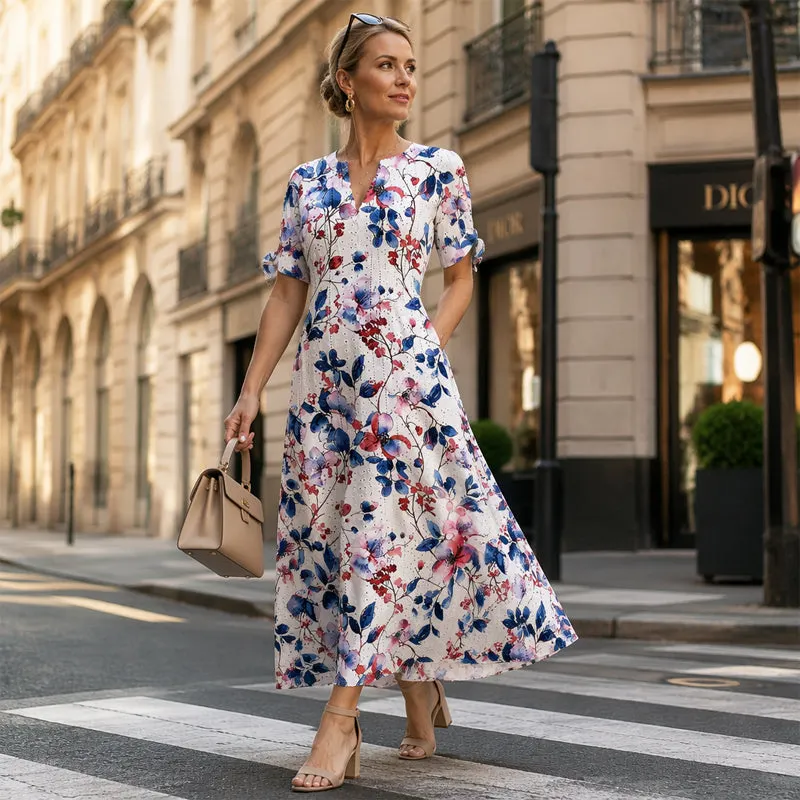 👗✨ Vintage ruha virágmintával, térdig érő, V-nyakkal, húzózsinóros ujjakkal és zsebekkel