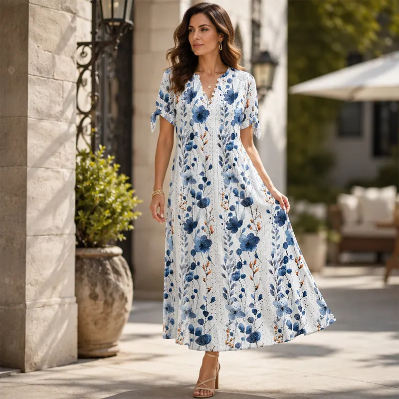 👗✨ Vintage ruha virágmintával, térdig érő, V-nyakkal, húzózsinóros ujjakkal és zsebekkel