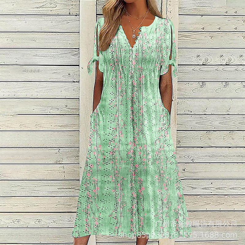 👗✨ Vintage ruha virágmintával, térdig érő, V-nyakkal, húzózsinóros ujjakkal és zsebekkel