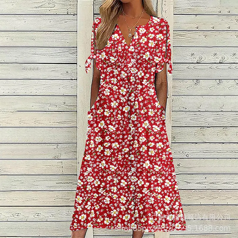 👗✨ Vintage ruha virágmintával, térdig érő, V-nyakkal, húzózsinóros ujjakkal és zsebekkel