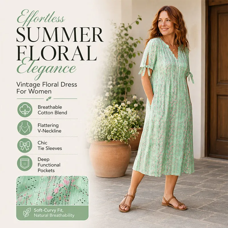 👗✨ Vintage ruha virágmintával, térdig érő, V-nyakkal, húzózsinóros ujjakkal és zsebekkel