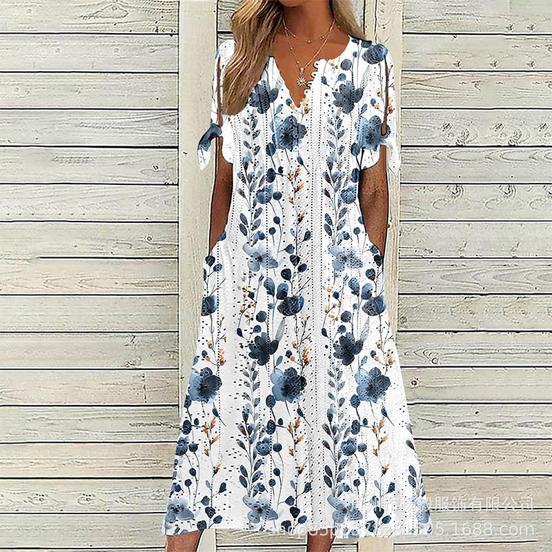👗✨ Vintage ruha virágmintával, térdig érő, V-nyakkal, húzózsinóros ujjakkal és zsebekkel