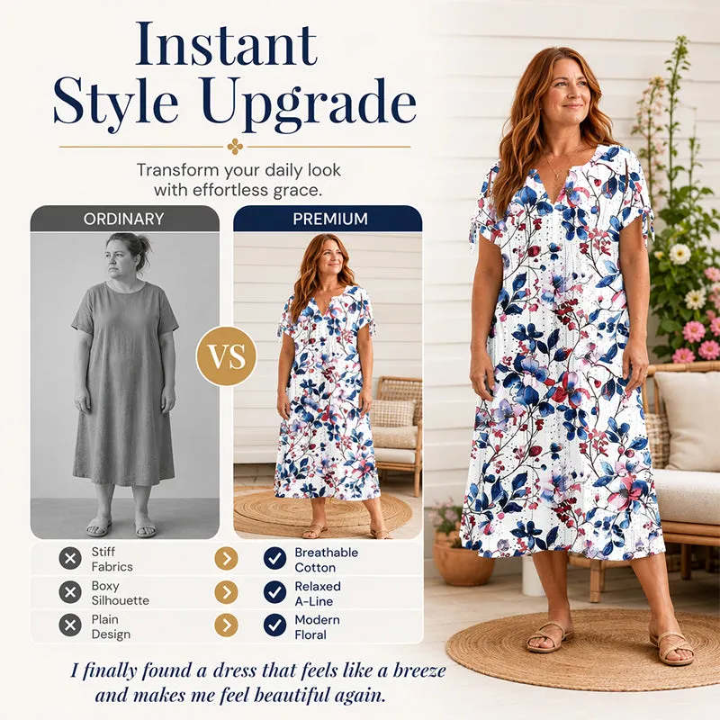 👗✨ Vintage ruha virágmintával, térdig érő, V-nyakkal, húzózsinóros ujjakkal és zsebekkel