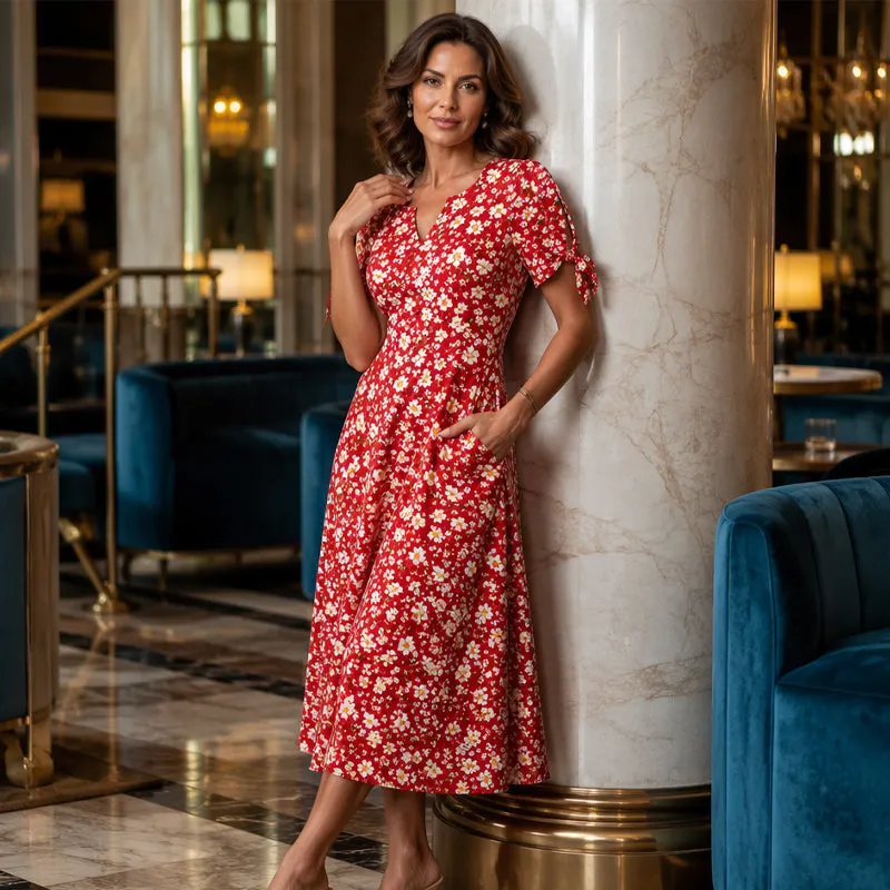 👗✨ Vintage ruha virágmintával, térdig érő, V-nyakkal, húzózsinóros ujjakkal és zsebekkel