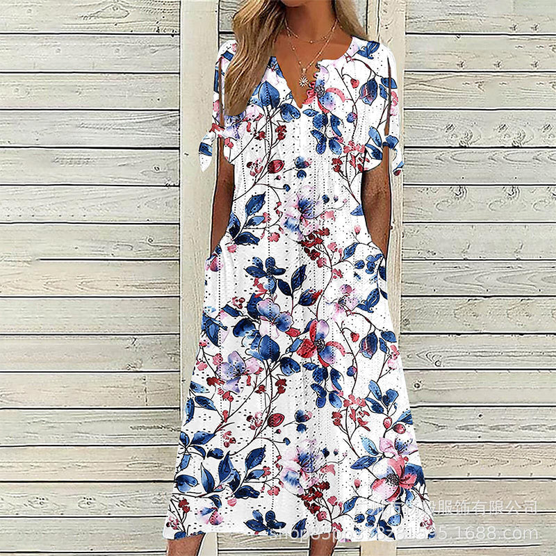 👗✨ Vintage ruha virágmintával, térdig érő, V-nyakkal, húzózsinóros ujjakkal és zsebekkel