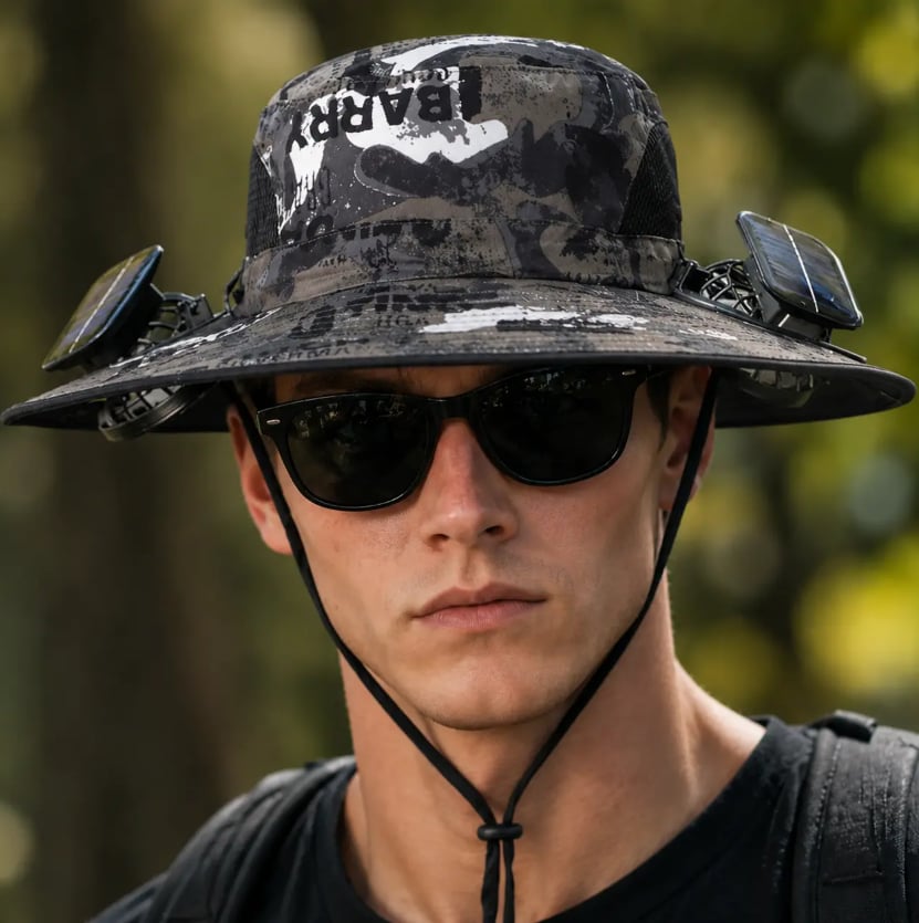 ⚡Výpredaj - ZĽAVA 49%🔥Solárna chladiaca čiapka s ventilátorom - široký šilt, ochrana pred slnkom, dva ventilátory, 3 rýchlosti, nabíjanie cez USB a solárne nabíjanie, unisex