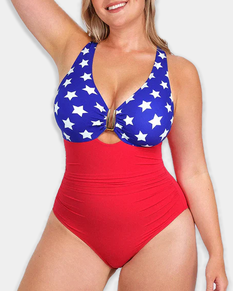 Patriotic Stars & Stripes Ruched Tummy Control Cross Back One Piece Swimsuit