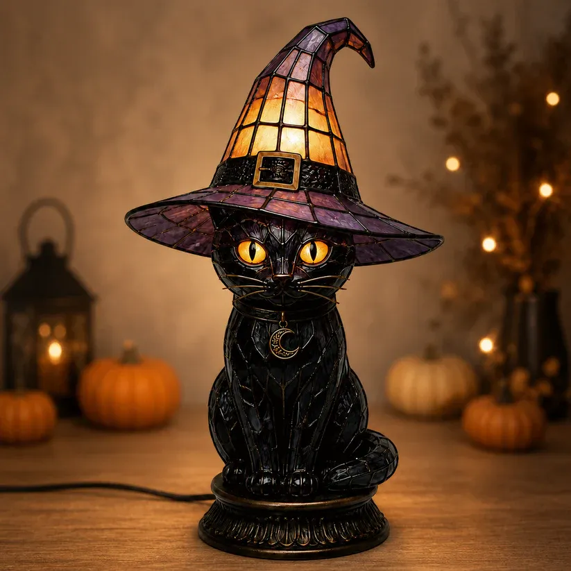 🔥Exclusive Limited Item 👍🔥50%OFF🐈 Gothic Stained Glass Witch Black Cat Table Lamp | Halloween Witch Hat Night Light Decor