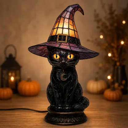 🔥Exclusive Limited Item 👍🔥50%OFF🐈 Gothic Stained Glass Witch Black Cat Table Lamp | Halloween Witch Hat Night Light Decor