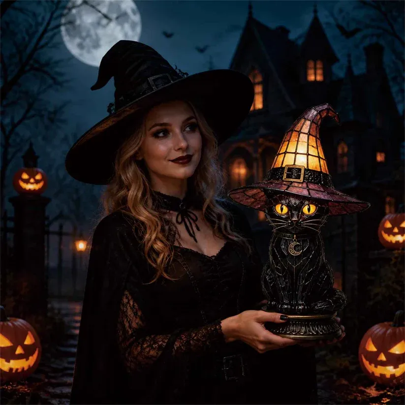 🔥Exclusive Limited Item 👍🔥50%OFF🐈 Gothic Stained Glass Witch Black Cat Table Lamp | Halloween Witch Hat Night Light Decor
