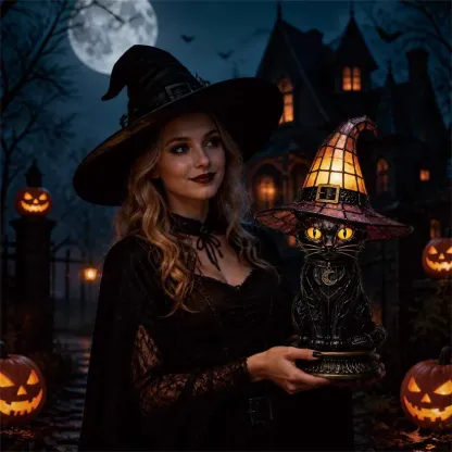 🔥Exclusive Limited Item 👍🔥50%OFF🐈 Gothic Stained Glass Witch Black Cat Table Lamp | Halloween Witch Hat Night Light Decor