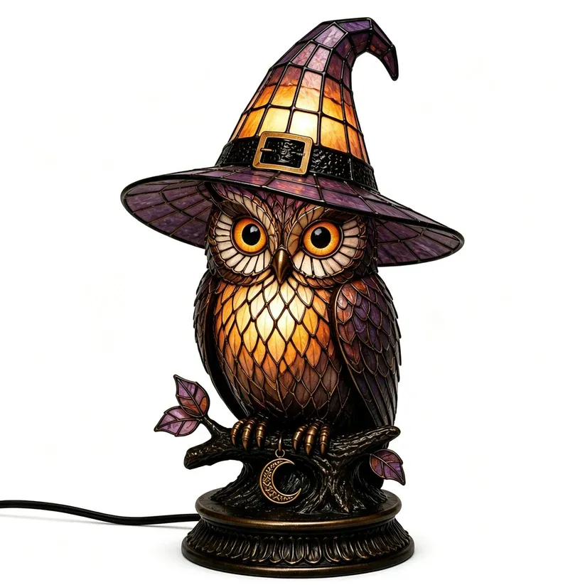 🔥Exclusive Limited Item 👍🔥50%OFF🐈 Gothic Stained Glass Witch Black Cat Table Lamp | Halloween Witch Hat Night Light Decor