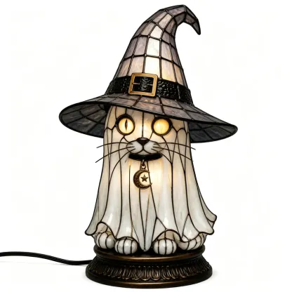 🔥Exclusive Limited Item 👍🔥50%OFF🐈 Gothic Stained Glass Witch Black Cat Table Lamp | Halloween Witch Hat Night Light Decor