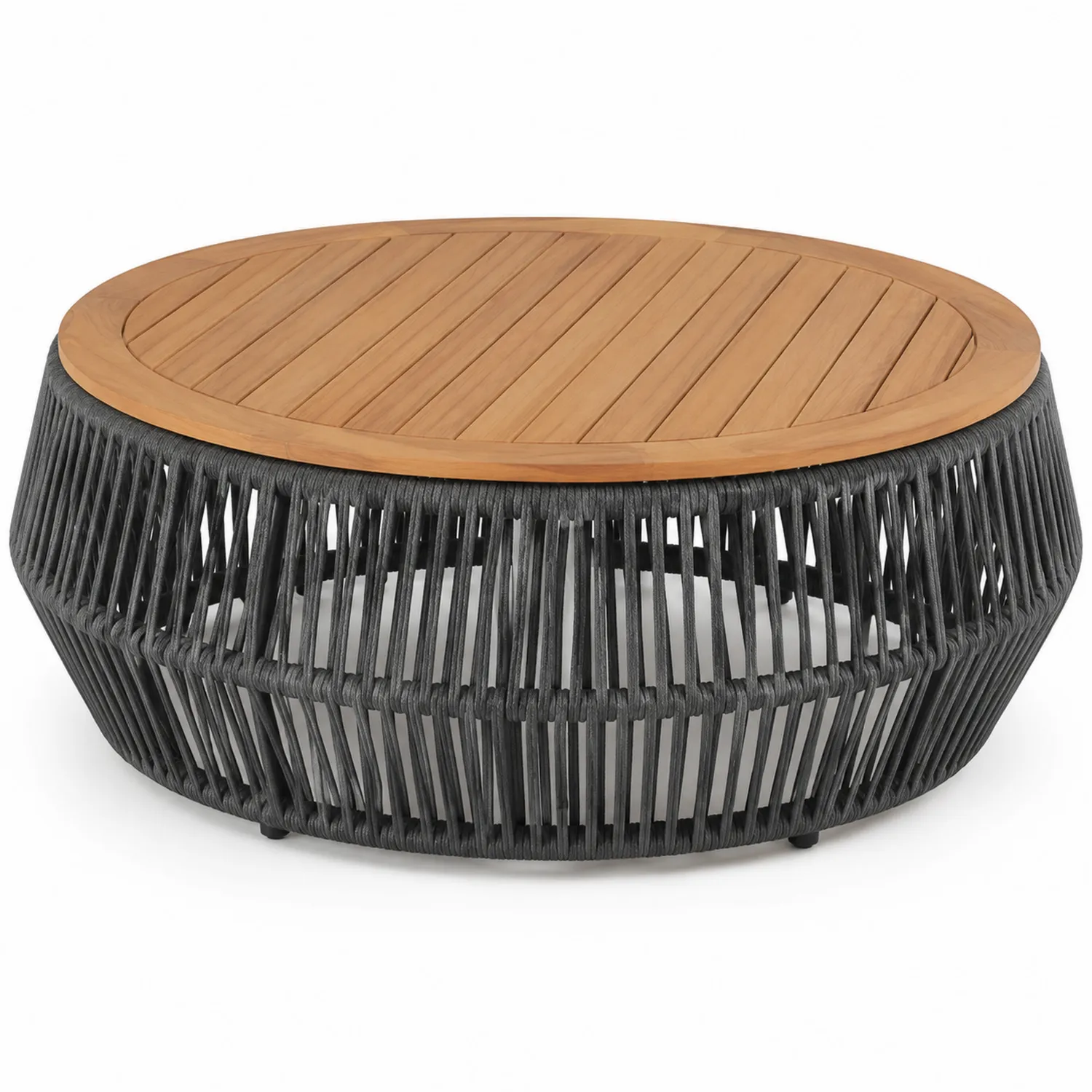 Runder Couchtisch Teakholz Tischplatte Polyethylen-Geflecht Ø90cm-Belleatelierco