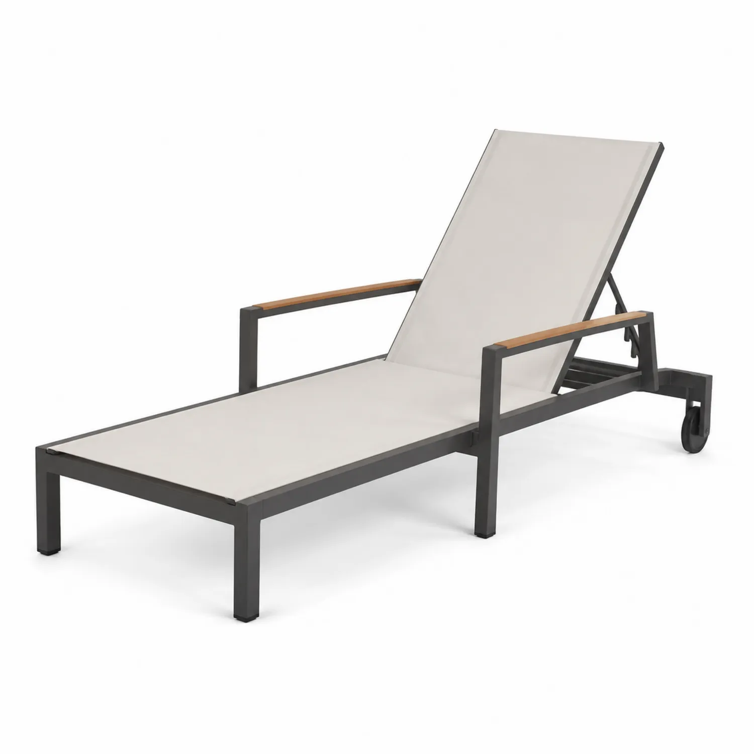 Outdoor-Liegestuhl Aluminium mit Teakholz-Armlehnen, Hellgrau-Belleatelierco